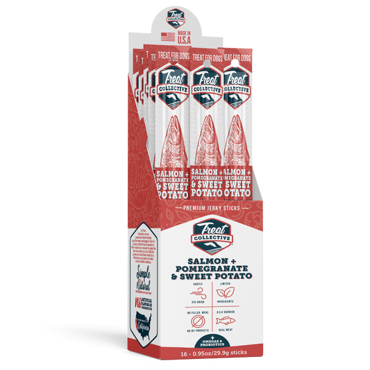 Salmon + Pomegranate & Sweet Potato Single Jerky Sticks (16 Pack)